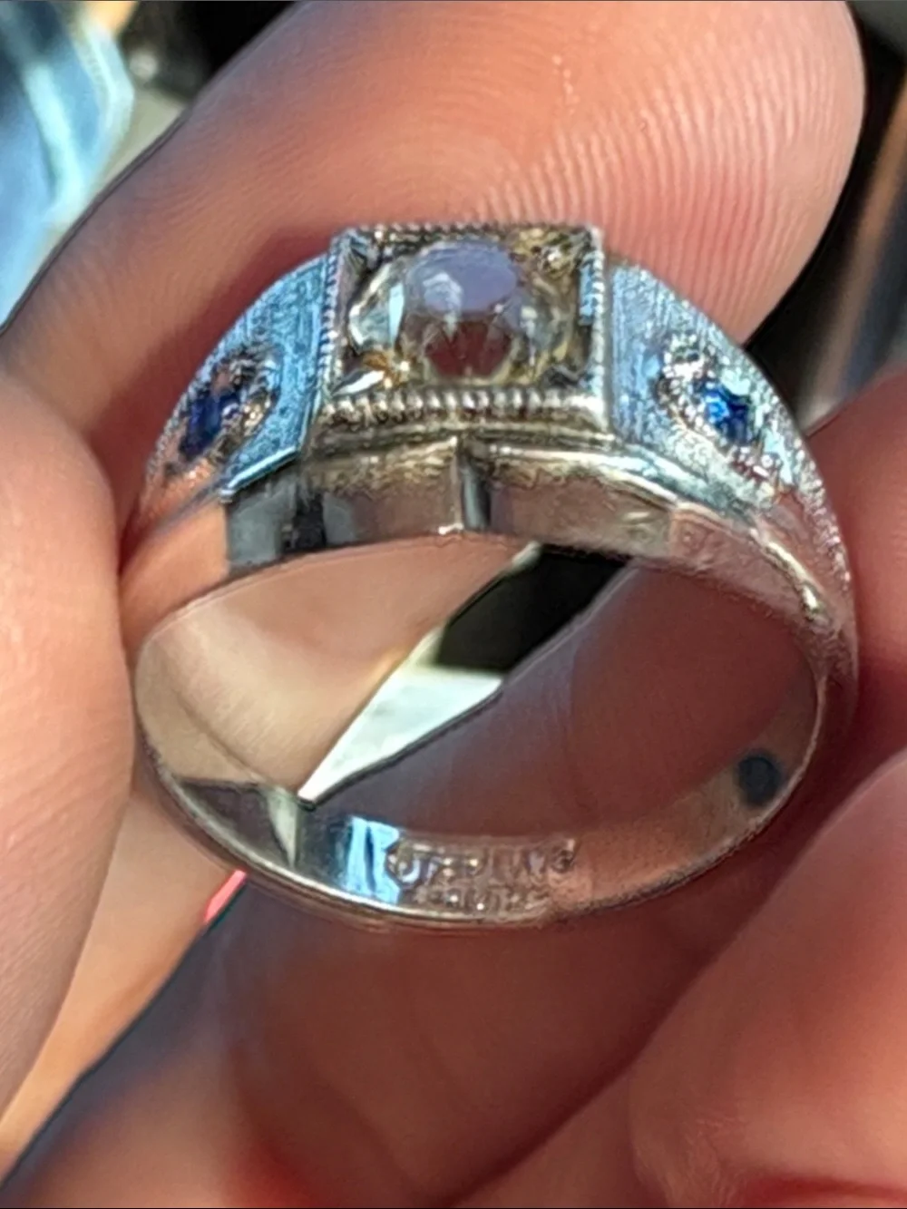 Men's Size 11.5 Silver Tone Signet Ring with Clear Center Stone and Blue Accents